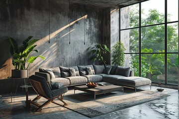 Interior of modern living room with sofa 3D rendering