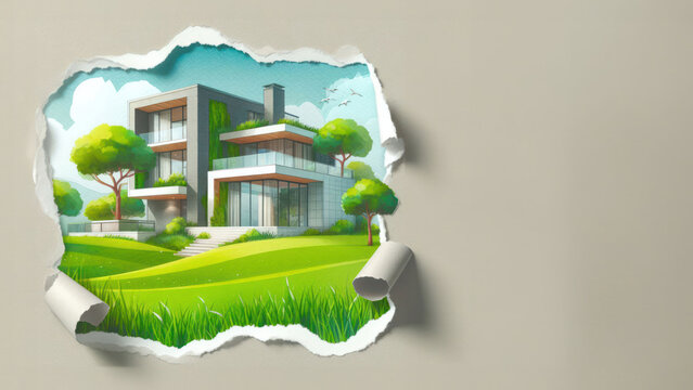 Torn collage of the exterior of a modern villa. Watercolor illustration with green grass