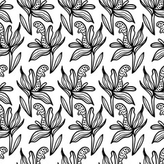 Trendy floral seamless pattern. Hand-drawn contour black lines of fantastic flowers on a white background. Vector sketch illustration of tropical plants