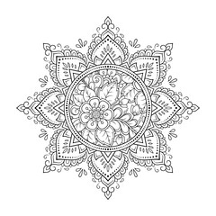Circular pattern in form of mandala with flower for Henna, Mehndi, tattoo, decoration. Decorative ornament in ethnic oriental style. Outline doodle hand draw vector illustration.