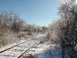 An unparalleled panorama of a snowy railway track surrounded by icy bushes sparkling under the sun's rays on a frosty sunny day.