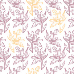 Fototapeta premium Trendy floral seamless pattern. Hand-drawn contour lines of fantastic flowers in magenta and yellow. Vector sketch illustration of tropical plants