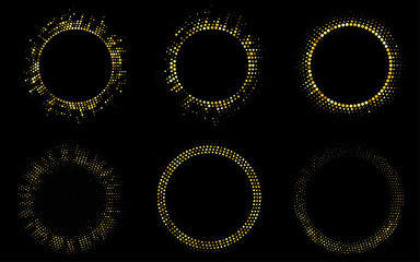 set of Abstract Golden Glittering Halftone Frame. Festive Round Frame. Luxurious Glowing Dots Circle for a Disco.