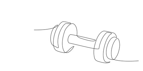 Single continuous line drawing of dumbbells. Sport equipment in one linear style. Design element for poster, banner, flyer. Sport, workout, wellness. Editable stroke. Vector doodle illustration