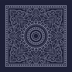 Circular pattern in form of mandala with flower for Henna, Mehndi, decoration. Blue decorative ornament in ethnic oriental style for a bandana. Outline doodle hand draw vector illustration.