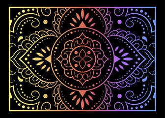 Color decorative panel with circular pattern in form of mandala with flower for decoration or print. Decorative ornament in ethnic oriental style. Rainbow design on black background.