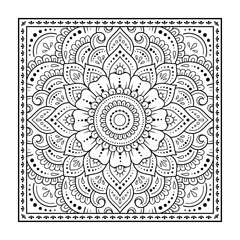 Decorative pattern of flowers and paisley for printing on fabric. Ornament for a bandana, a silk neckerchief, a tablecloth or a kerchief. Square sketch in tribal or oriental style.