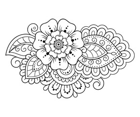 Mehndi flower pattern for Henna drawing and tattoo. Decoration in ethnic oriental, Indian style. Doodle ornament. Outline hand draw vector illustration.