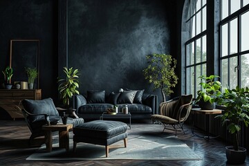 Dark living room interior with black empty wall - Powered by Adobe