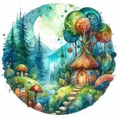 "Whimsical Forest Haven: Watercolor Fantasy with Wooden Cottage, Grass, Trees, and Mushrooms