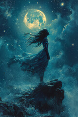 Fantasy illustration of a woman in a night sky with full moon