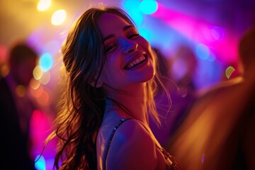 Joyful woman smiling at a vibrant party with colorful lights in the background.