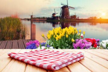 Beautiful Dutch scenery with traditional windmills and tulip flowers foreground . High quality photo