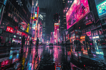 A cityscape at night with high-tech lighting effects. - obrazy, fototapety, plakaty
