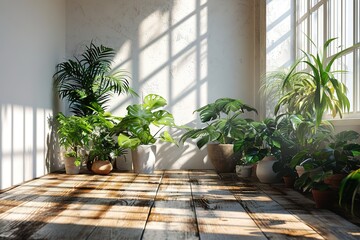 Empty white room with a wooden floor and plants.