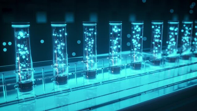 Test tubes for analysis in laboratory. Pharma production lab laboratory science chemistry genetic genes. Science, futuristic or medical background. 3d animation, 4K