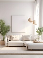 Fototapeta na wymiar Cozy white living room interior, home mockup, 3d render