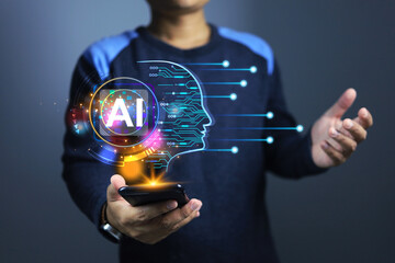 AI analytic concept with businessman or data science using smartphone to data search or analysis...