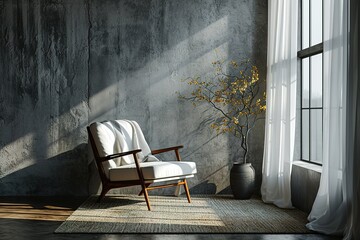 Living room interior mockup with carpet, white chair, and curtain. Blank gray concrete wall.