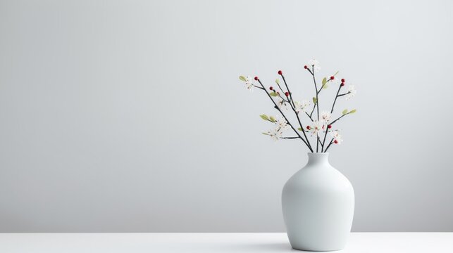 A vase is placed on one side with complete white background - Generative AI