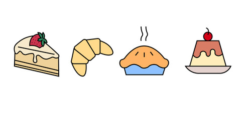 Cake doodle illustration including icons - pie, slice, bakery, sweets, easter, piece, fruits. Thin line art about dessert products. Editable Stroke
