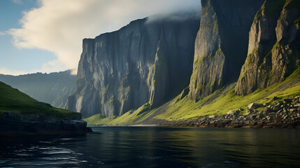 A majestic fjord, with towering cliffs as the background, during the ethereal midnight sun