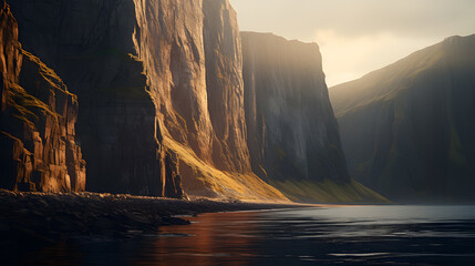 A majestic fjord, with towering cliffs as the background, during the ethereal midnight sun
