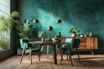 Keuken spatwand met foto Mint color chairs at round wooden dining table in room with sofa and cabinet near green wall. Scandinavian, mid-century home interior design of modern living room. © abstract Art