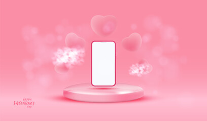 Love social media vector illustration with a phone blank screen on podium with red hearts and clouds on a pink background. Greeting card for Valentine's Day, wedding, anniversary.
