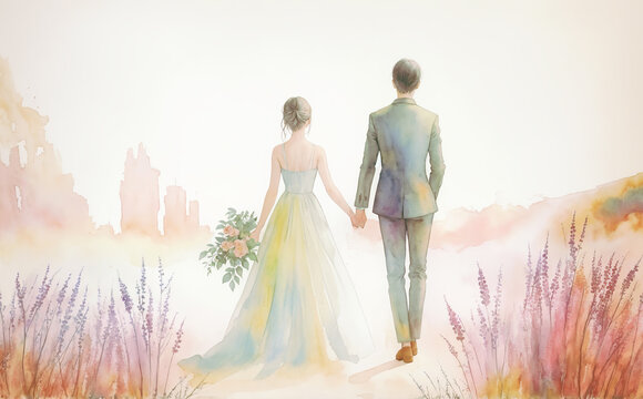 Watercolor drawing of the bride and groom in soft and gentle colors