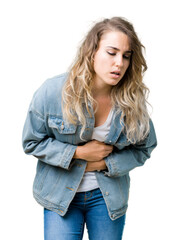 Beautiful young blonde woman wearing denim jacket over isolated background with hand on stomach because nausea, painful disease feeling unwell. Ache concept.