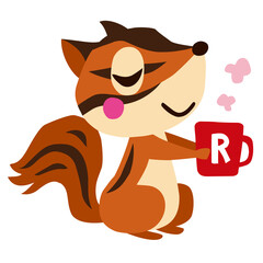 手描きのかわいいシマリスキャラクター23　(マグカップを持って ほっと一息ポーズ)