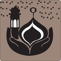 Vector silhouette of a mosque with hand.