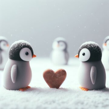 two penguins on a snow in love