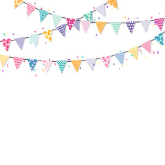 Party flags with confetti and ribbons on white background, buntings, garlands, poster, greeting card.