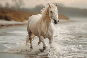 Obraz na płótnie Canvas The white horse gallops freely along the beach, capturing the beauty of nature and freedom.