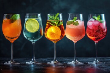 A colorful range of refreshing cocktails with fruit, ice and a variety of flavors for a vibrant party.