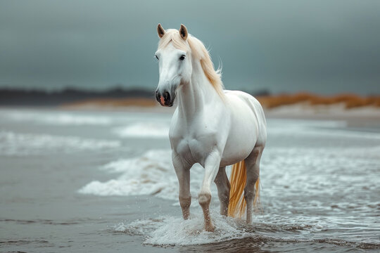 A white horse gallops dynamically across the sea, demonstrating the beauty of nature and freedom.