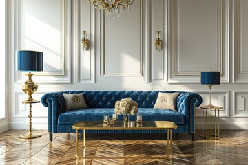 luxurious and contemporary living room decor Blue navy sofa, a gold table, and a gold lamp on a light-colored wall and wood floor make up the living coral d�cor concept.