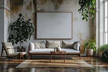 Mockup canvas frame on the wall. Scandinavian living room with a big template of a painting picture on the wall . Simple design with natural materials and neutral colors.