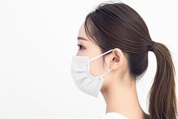 マスクをしている日本人女性のポートレート写真（背景なし・コロナ・風邪・病気・花粉症・介護）