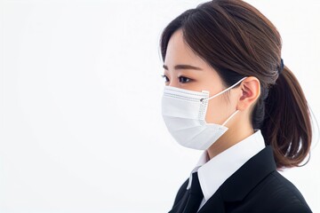 マスクをしているスーツ姿の日本人女性のポートレート写真（会社員・コロナ・風邪・病気・花粉症）