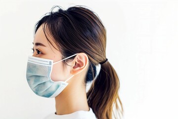 マスクをしている日本人女性のポートレート写真（背景なし・コロナ・風邪・病気・花粉症・介護）