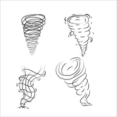 Tornado whirlwind  set. Storm hurricane funnel silhouette illustration. Swirl air cyclone weather spiral symbol. Nature disaster black line
