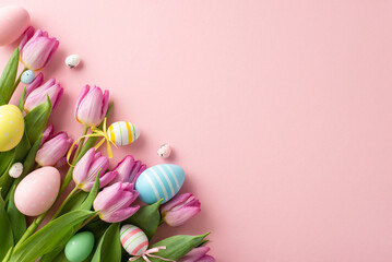 Colorful eggs, and bunch of fresh tulips create an Easter atmosphere. Top view on a pastel pink...
