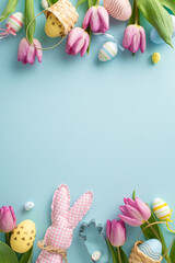Preparing for Easter together. Vertical top view colorful eggs, baskets, fun-shaped cookie cutter,...