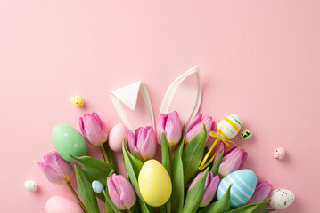 Easter enchantment: top view color-pop eggs, an adorable bunny ears, and tulips bouquet against a calming pastel pink setting. A captivating image with space for text or promotional content