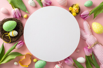 Easter anticipation captured. Top view colorful eggs, fun-shaped cookie cutter, cute bunny toy,...