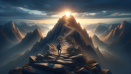 Caminante ascendiendo un sendero montañoso hacia la cima en un sublime amanecer, simbolizando la búsqueda de superación y la conexión con la naturaleza - obrazy, fototapety, plakaty