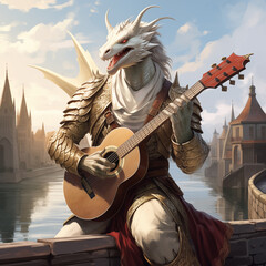 Fantasy dragon playing the guitar on the bridge over the river.
